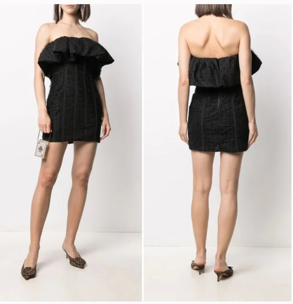Self-Portrait Strapless Swiss Dot Mash Frill Mini Cocktail Dress Black